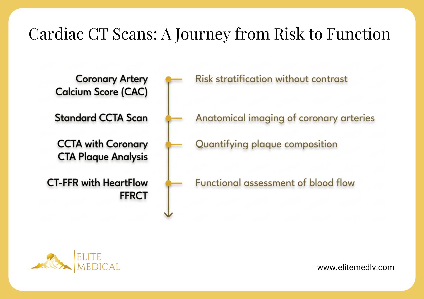 Flowchart illustrating cardiac CT scans, from CAC score to coronary CTA (CCTA scan), highlighting their roles in risk stratification and functional blood flow assessment; includes CCTA vs CAC score comparison.